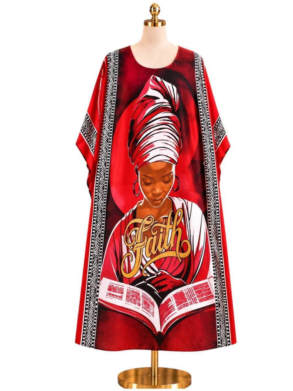 NEW KARA CHIC women's multi print kaftan in burgundy face faith